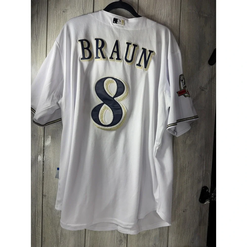 Majestic Milwaukee Brewers Ryan Braun 8 Jersey Men 52 Authentic 40th Anniv White